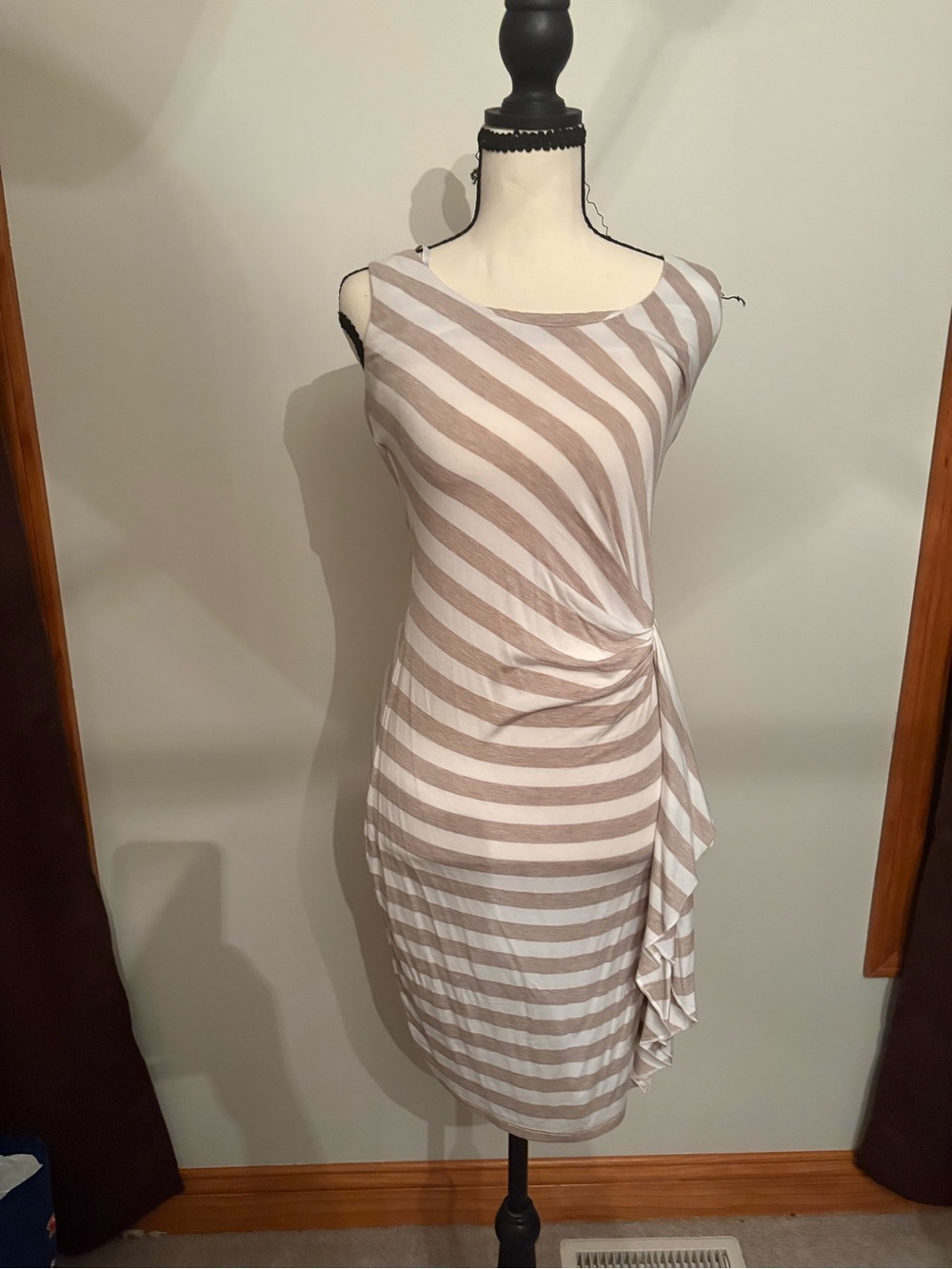 Calvin Klein Taupe & White Striped Side-Knot Mini Dress